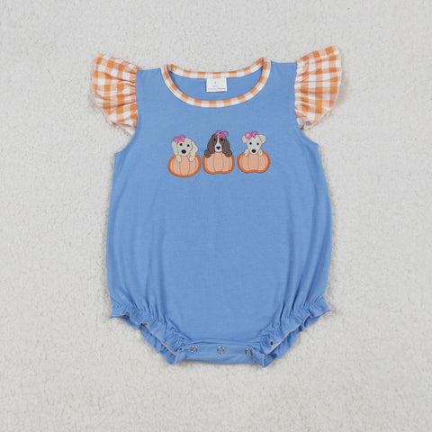 SR3191 Embroidery Pumpkin Dog Orange Plaid Baby Girls Romper