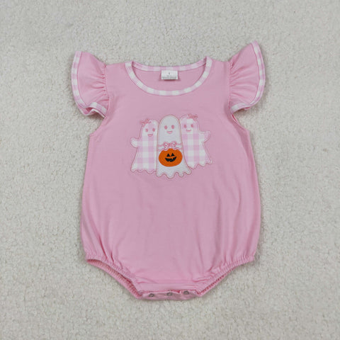 SR3196 Embroidery Halloween Ghost Pumpkin Pink Baby Girls Romper