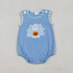 SR3197 Embroidery Halloween Ghost Pumpkin Blue Baby Boys Romper