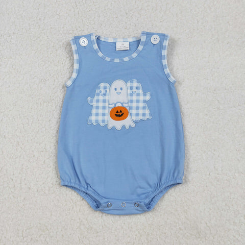 SR3197 Embroidery Halloween Ghost Pumpkin Blue Baby Boys Romper