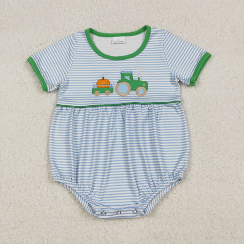 SR3201 Embroidery Truck Pumpkin Stripe Green Baby Boys Romper