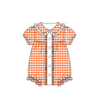 Preorder MOQ 5 pcs SR3206 Baseball Game Day Orange Plaid Baby Girls Romper