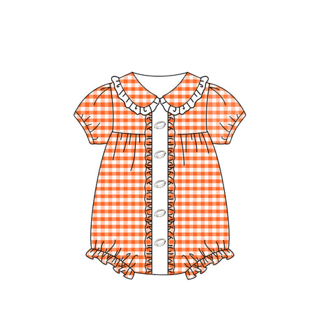 Preorder MOQ 5 pcs SR3206 Baseball Game Day Orange Plaid Baby Girls Romper