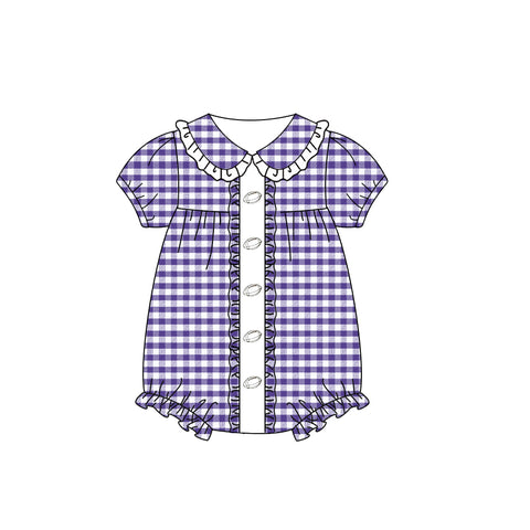 Preorder MOQ 5 pcs SR3208 Baseball Game Day Purple Plaid Baby Girls Romper