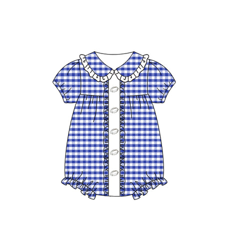 Preorder MOQ 5 pcs SR3209 Baseball Game Day Blue Plaid Baby Girls Romper