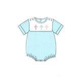 Preorder Samples SR3215 Embroidery Easter He is risen Blue Baby Boys Romper