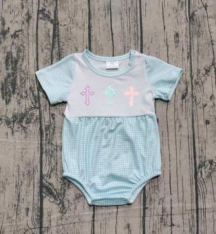Preorder Samples SR3215 Embroidery Easter He is risen Blue Baby Boys Romper