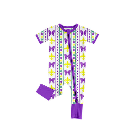 Preorder 10.08 MOQ 5 pcs SR3229 Mardi Gras Bows Purple Baby Sleepers Romper