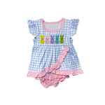 Preorder 10.13 MOQ 5 pcs GBO0481 Easter Bunny Rabbit Blue Plaid Baby Girls Bummie Set