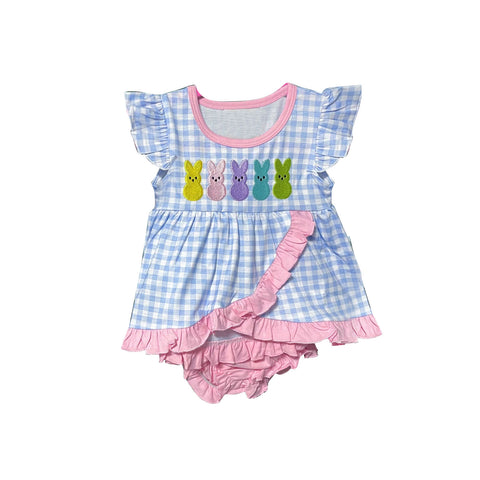 Preorder 10.13 MOQ 5 pcs GBO0481 Easter Bunny Rabbit Blue Plaid Baby Girls Bummie Set