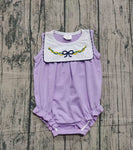 Preorder Samples SR3235 Embroidery Mardi Gras Bows Purple Baby Girls Bubble Romper