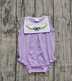 Preorder Samples SR3235 Embroidery Mardi Gras Bows Purple Baby Girls Bubble Romper