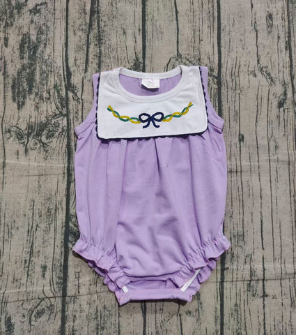 Preorder Samples SR3235 Embroidery Mardi Gras Bows Purple Baby Girls Bubble Romper