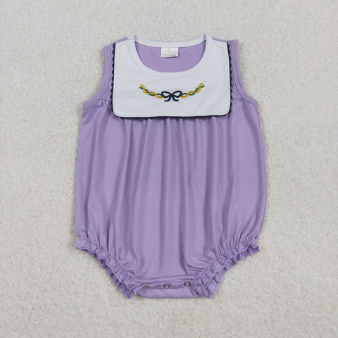 SR3235 Embroidery Mardi Gras Bows Purple Baby Girls Bubble Romper