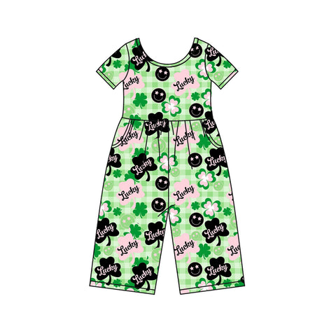 Preorder 10.16 MOQ 5 pcs SR3237 Lucky Leaves Green Girl's Jumpsuit