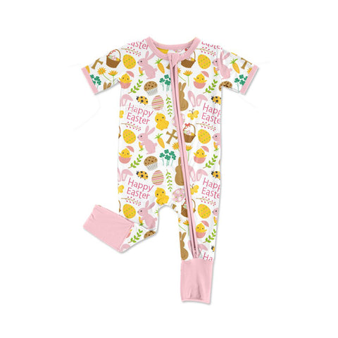 Preorder 10.16 MOQ 5 pcs SR3239 Happy Easter Rabbit Pink Baby Sleepers Romper
