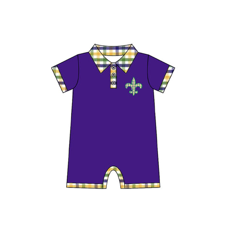 Preorder 10.16 MOQ 5 pcs SR3241 Mardi Gras Plaid Purple Boys Romper