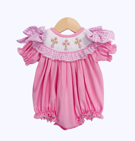 Preorder 10.16 MOQ 5 pcs SR3250 Easter Cross Pink Girls Bubble Romper