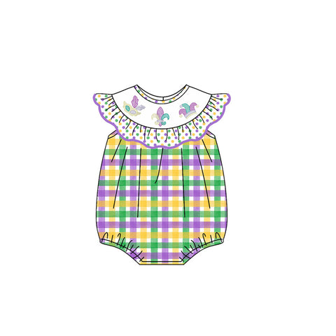 Preorder 10.16 MOQ 5 pcs SR3253 Mardi Gras Mask Plaid Girls Bubble Romper