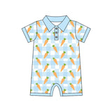Preorder Samples SR3254 Easter Carrot Blue Plaid Boys Romper