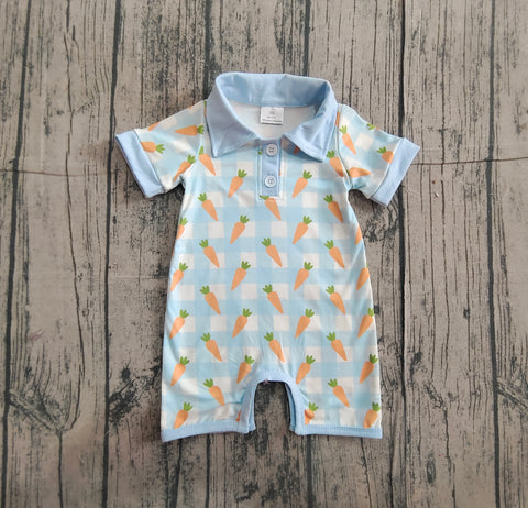 Preorder Samples SR3254 Easter Carrot Blue Plaid Boys Romper
