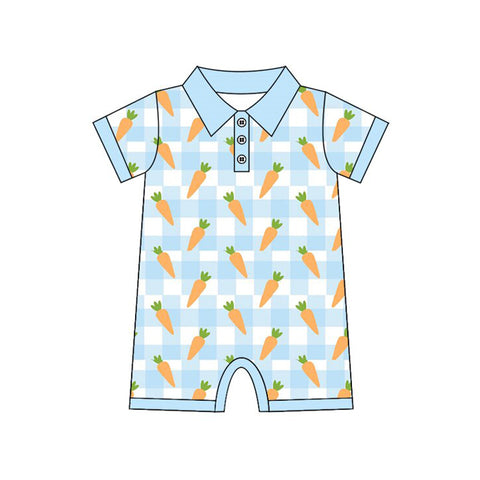 Preorder 10.17 MOQ 5 pcs SR3254 Easter Carrot Blue Plaid Boys Romper