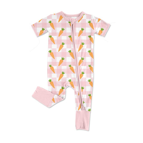 Preorder 10.17 MOQ 5 pcs SR3255 Easter Carrot Pink Plaid Baby Sleepers Romper