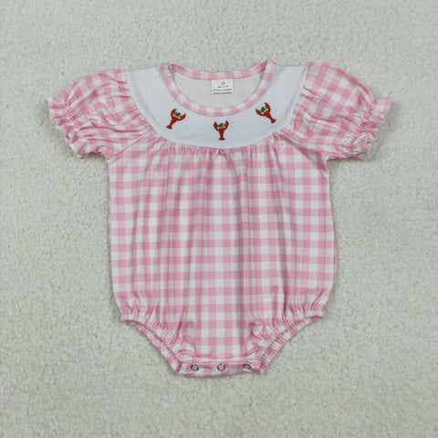 SR3256 Embroidery Crawfish Pink Plaid Girls Romper