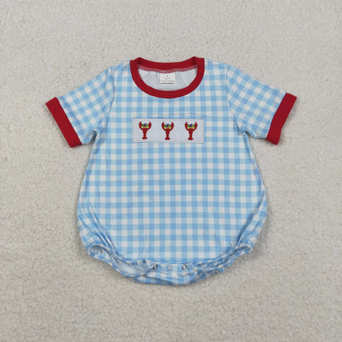 SR3257 Embroidery Crawfish Blue Plaid Red Boys Romper