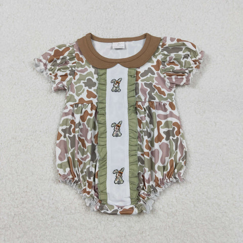 SR3259 Embroidery Easter Rabbit Camo Girls Romper