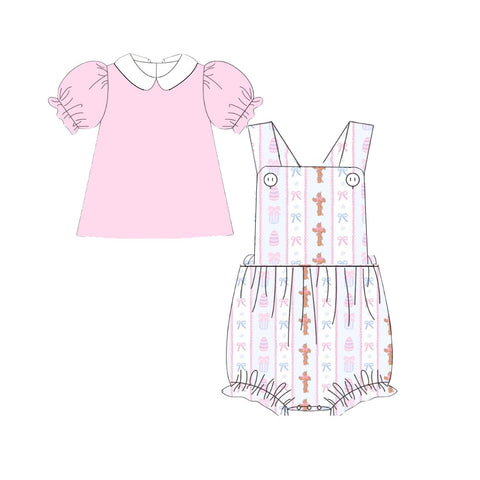 Preorder 10.28 MOQ 5 pcs SR3282 Easter Bows Pink Baby Girls Romper Set