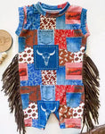 Preorder 10.28 MOQ 5 pcs SR3288 Western Skull Bull Tassel Baby Boys Romper