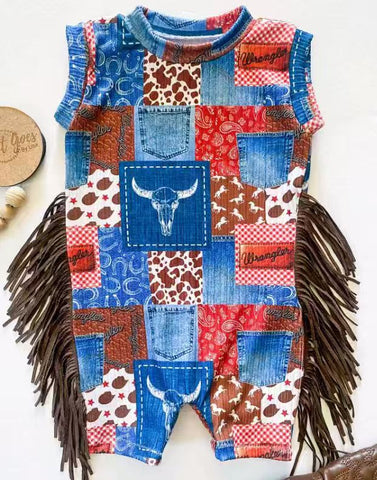 Preorder 10.28 MOQ 5 pcs SR3288 Western Skull Bull Tassel Baby Boys Romper
