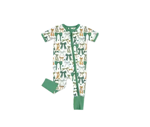 Preorder 10.28 MOQ 5 pcs SR3289 Coquette Bows Green Baby Sleepers Romper