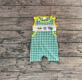Preorder Samples SR3312 Embroidery Mardi Gras Green Plaid Baby Boys Romper