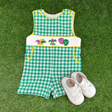 Preorder Samples SR3312 Embroidery Mardi Gras Green Plaid Baby Boys Romper