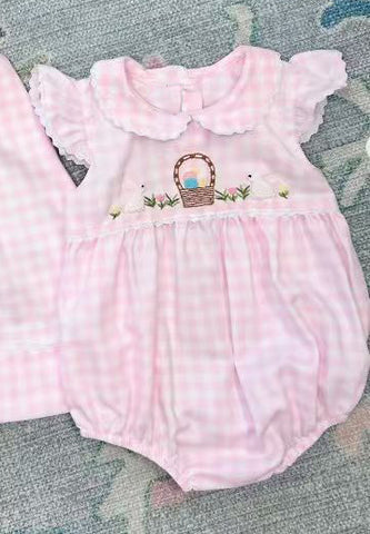 Preorder 11.04 MOQ 5 pcs SR3314 Easter Bunny Pink Plaid Baby Girls Romper