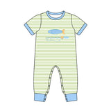 Preorder Samples SR3329 Embroidery Fishing Hook Blue Baby Boys Romper