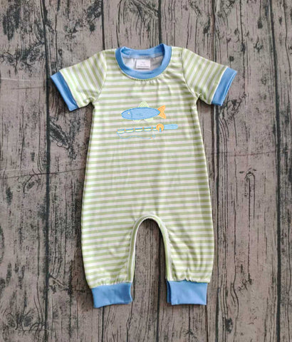 Preorder Samples SR3329 Embroidery Fishing Hook Blue Baby Boys Romper