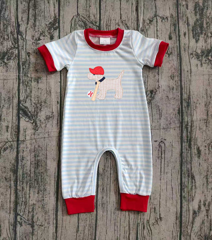 Preorder Samples SR3330 Embroidery Baseball Dog Red Baby Boys Romper