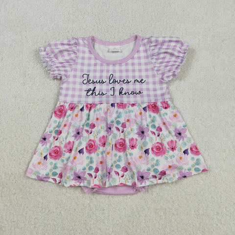 SR3343 Jesus Loves Me This I Know Flower Baby Girls Romper