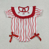 SR3345 Smocked Baseball Bows Red Baby Girls Bubble Romper
