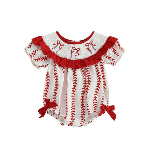 Preorder 11.20 MOQ 5 pcs SR3345 Baseball Bows Red Baby Girls Romper