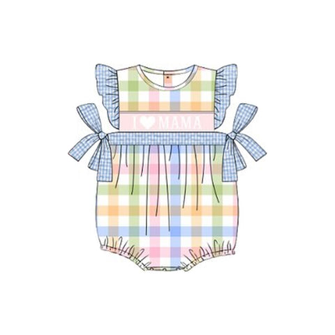 Preorder 11.20 MOQ 5 pcs SR3359 I Love Mom Blue Plaid Baby Girls Romper