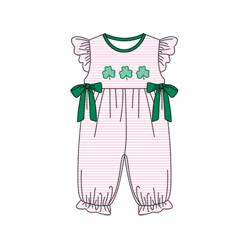 Preorder 11.23 MOQ 5 pcs SR3375 St. Patrick Leaf Pink Stripe Baby Girls Romper