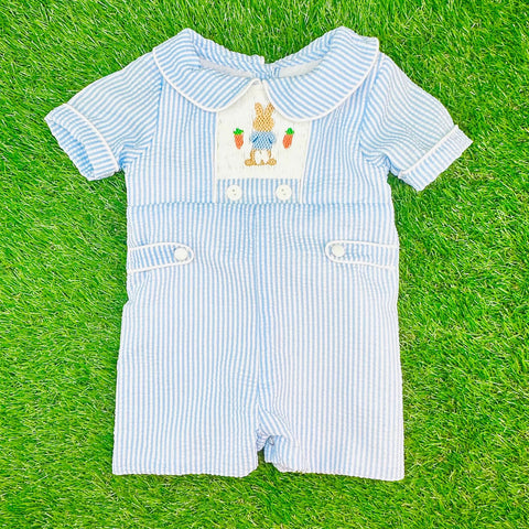 Preorder 11.28 MOQ 5 pcs SR3417 Easter Rabbit Carrot Blue Baby Boys Romper