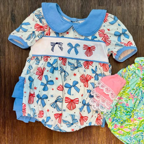 Preorder 11.29 MOQ 5 pcs SR3430 4th of July Bows Star Baby Girls Romper