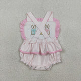 SR3477 Embroidery Easter Rabbit Pink Baby Girls Romper
