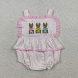 SR3477 Embroidery Easter Rabbit Pink Baby Girls Romper