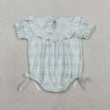 SR3487 Smocked Bows Flower Mint Baby Girls Romper